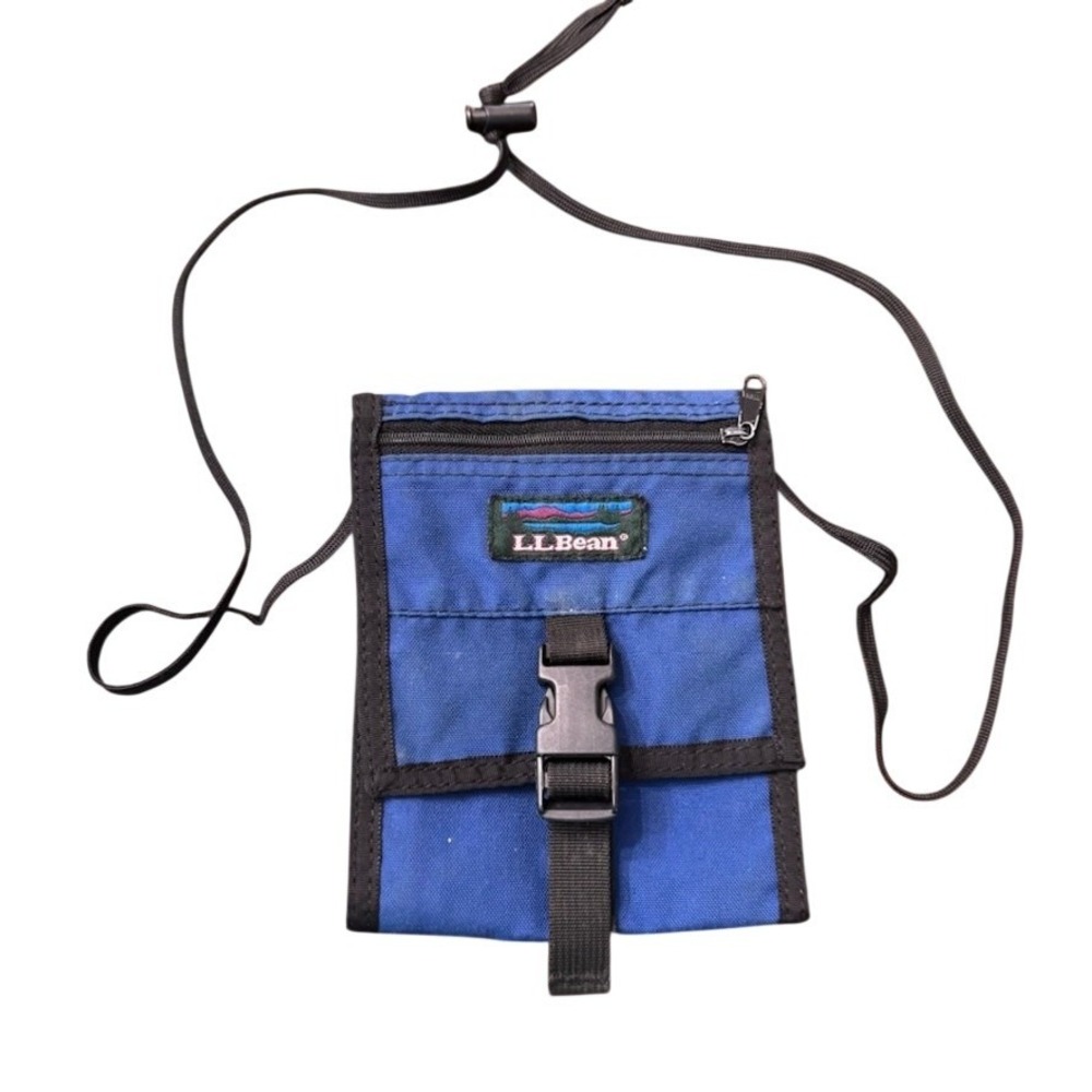 LL Bean Travel Neck Wallet Passport Holder Blue Nylon Trifold Buckle Belt Loop